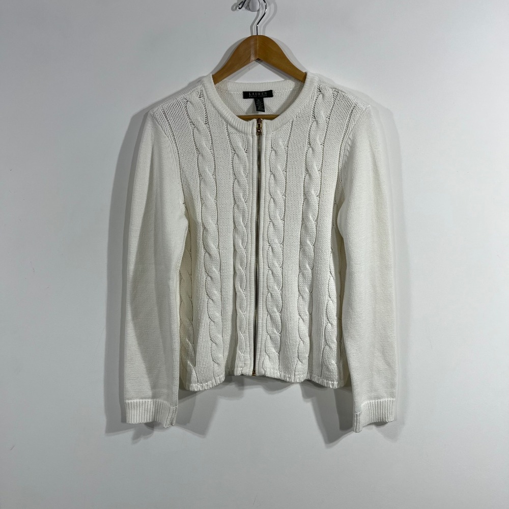 Lauren Ralph Lauren Fisherman Old Money Cable Knit Full Zip Cardigan Sweater XL